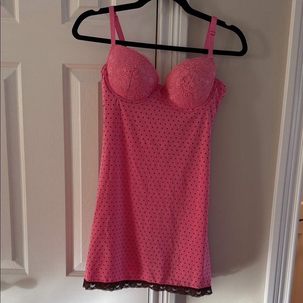 Rampage Pink Polka Dot Chemise with Black Lace Sz M